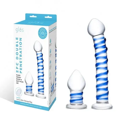 2Pc Double Penetration Glass Swirly Dildo & Buttplug Set